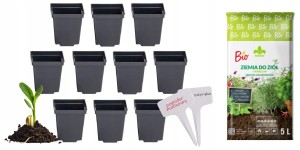 ZESTAW DONICZKA PRODUKCYJNA KWADRATOWA 7cm+ZIEMIA ZIÓŁ WARZYW BIO+TABLICZKI