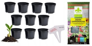 ZESTAW DONICZKA PRODUKCYJNA OKRĄGŁA 9cm + ZIEMIA DO POMIDORÓW +TABLICZKI