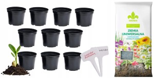 ZESTAW DONICZKA PRODUKCYJNA OKRĄGŁA 9cm + ZIEMIA Z NAWILŻACZEM +TABLICZKI