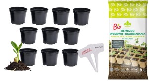 ZESTAW DONICZKA PRODUKCYJNA OKRĄGŁA 9cm + ZIEMIA BIO DO WYSIEWU + TABLICZKI