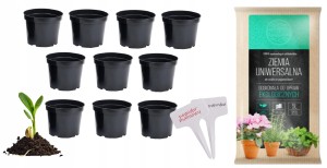 ZESTAW DONICZKA PRODUKCYJNA OKRĄGŁA 9cm + ZIEMIA EKOLOGICZNA + TABLICZKI