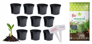 ZESTAW DONICZKA PRODUKCYJNA OKRĄGŁA 9cm+ZIEMIA ZIÓŁ WARZYW BIO+TABLICZKI