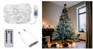 LAMPKI CHOINKOWE LINKA LED Z PILOTEM USB + ZASILACZ BIAŁY ZIMNY 10m